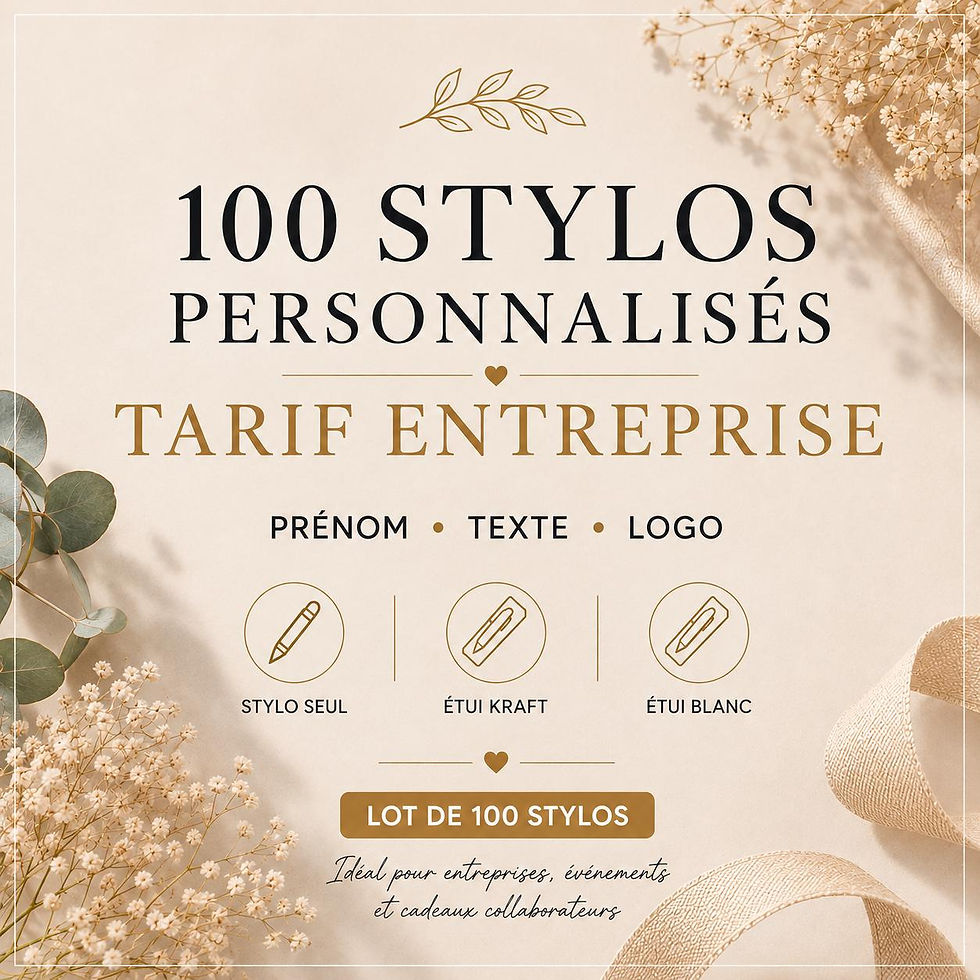 Peut inclure: Un visuel promotionnel pour 100 stylos personnalisés avec le texte 100 STYLOS PERSONNALISÉS, TARIF ENTREPRISE, PRÉNOM, TEXTE, LOGO, STYLO SEUL, ÉTUI KRAFT, ÉTUI BLANC et LOT DE 100 STYLOS, orné de brins de gypsophile et d'un ruban.