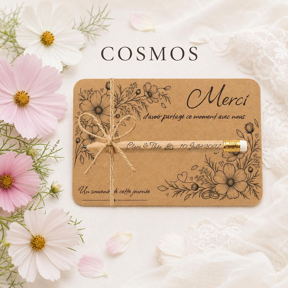 Peut inclure: Une carte rectangulaire en papier kraft avec des illustrations florales noires, le texte "Merci d'avoir partagé ce moment avec nous" et "Un souvenir de cette journée," et un crayon en bois attaché par une ficelle, gravé "Clara & Théo 10 Juillet 2027."