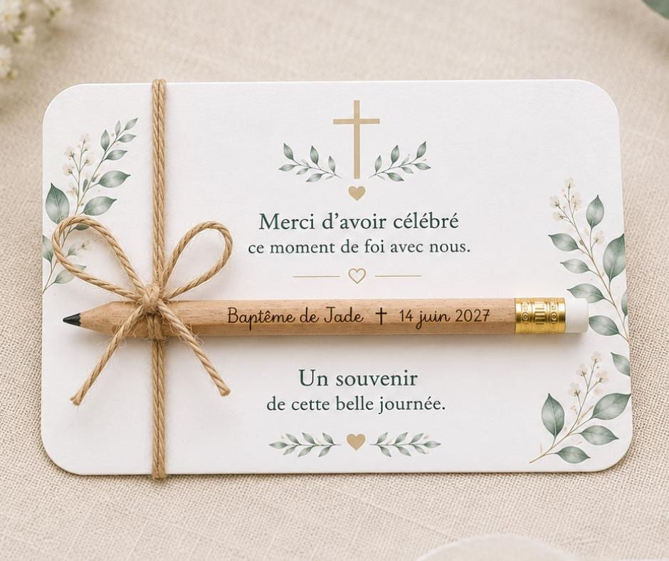 Peut inclure: Une carte rectangulaire blanche ornée de feuilles vertes, d'une croix dorée et du texte Merci d'avoir célébré ce moment de foi avec nous. Un crayon en bois portant l'inscription Baptême de Jade 14 juin 2027 est attaché avec de la ficelle.