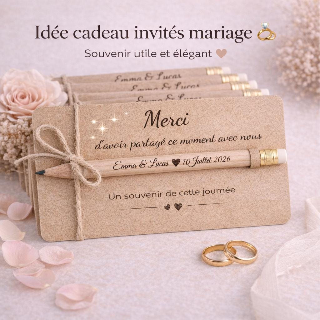 Peut inclure: Un ensemble de cartes en papier kraft avec un crayon en bois attaché par une ficelle. La carte porte le texte "Merci d'avoir partagé ce moment avec nous" et "Un souvenir de cette journée". Le crayon est gravé "Emma & Lucas" et "10 Juillet 2026".