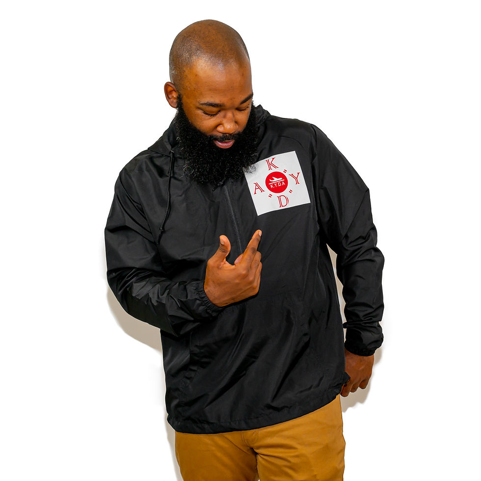 Model Wearing Black Windbreaker with Red and White "DIAMOND K.Y.D.A" Design