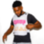 Model Wearing White Fashion Vest with Pink and Orange "K.Y.D.A SLIME" Design