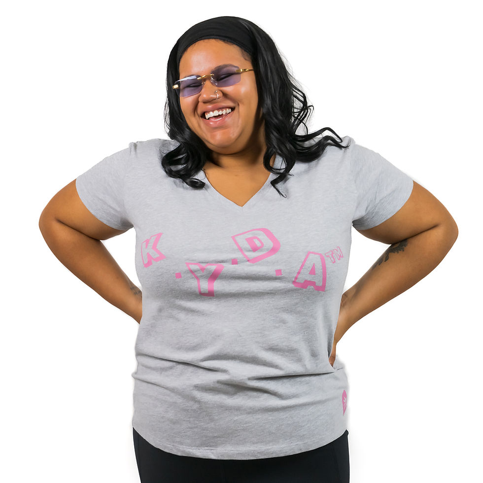 Model Wearing Grey V-Neck with Pink "K.Y.D.A 3D" Design