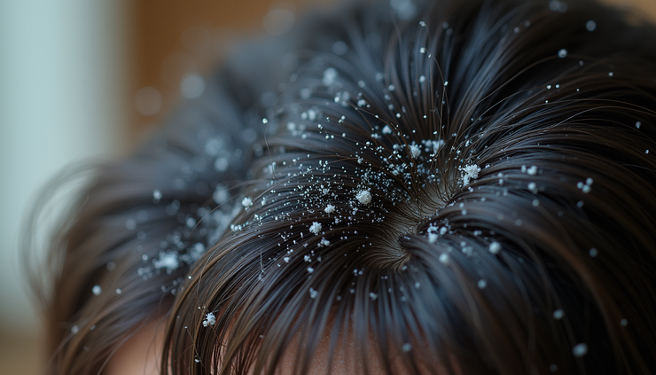 Close-up view of scalp with visible dandruff flakes on hair strands