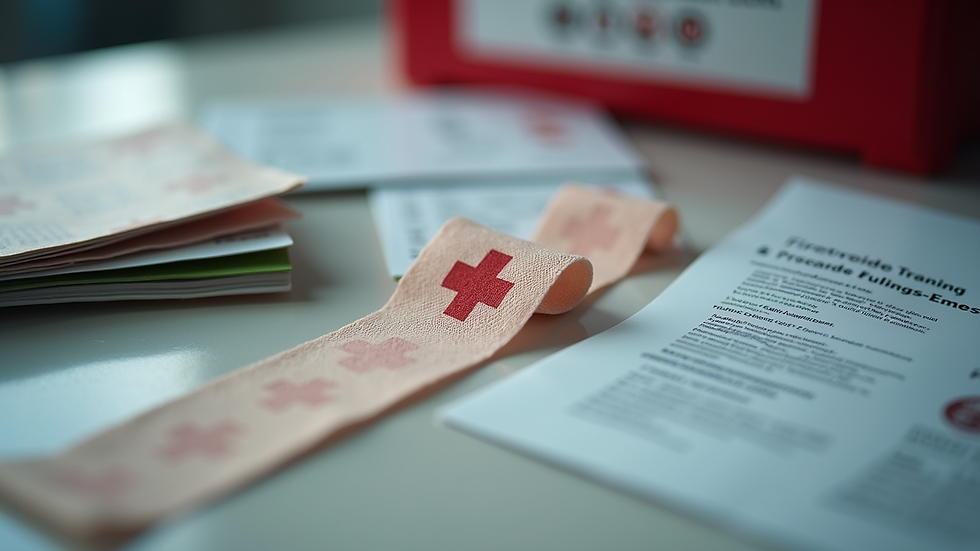 Close-up view of first aid training materials including bandages and manuals