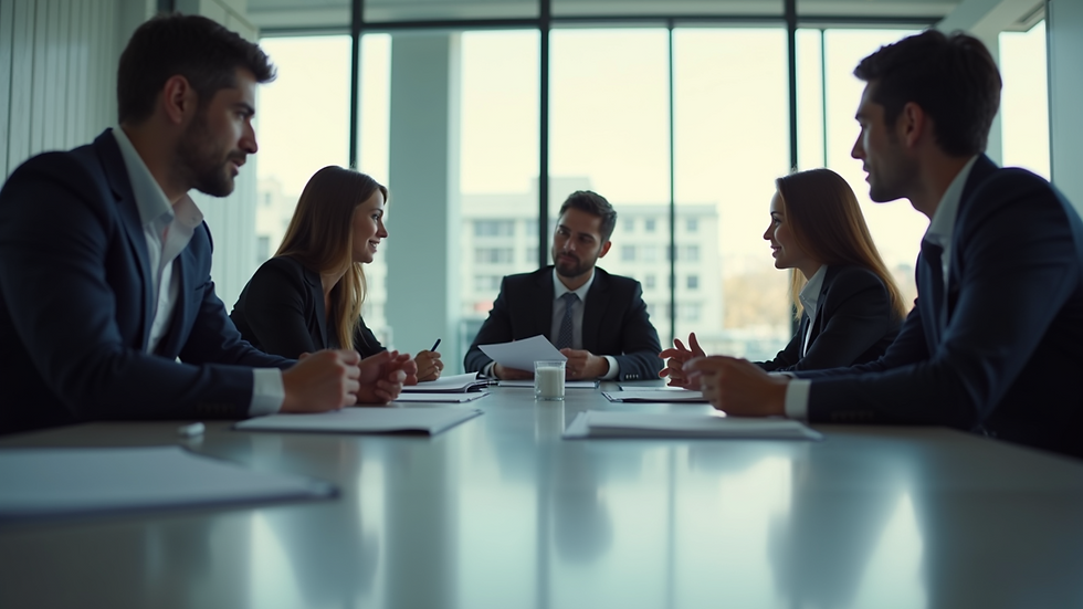 Eye-level view of a business team discussing strategy around a conference table