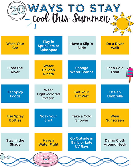 A bingo-like card of 20 ways to stay cool in the summer, including take a cold shower, stay in the shade, wash the car, eat a cold treat, wear light-colored clothing, play in sprinklers, wear a hat, and use a damp cloth around the neck