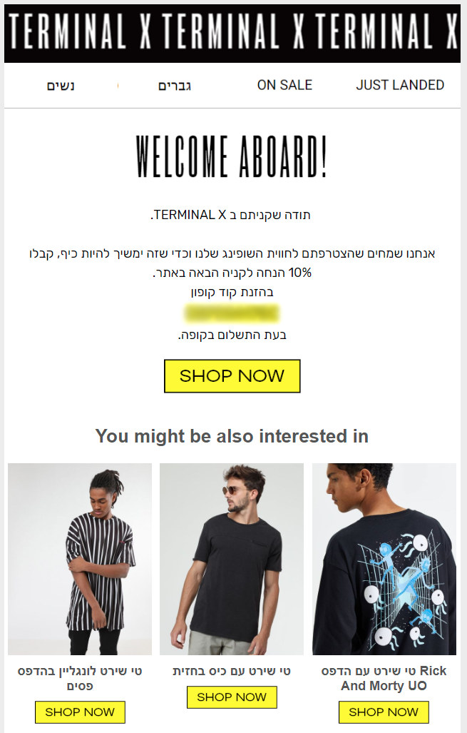 דוגמא לניוזלטר בתום רכישה באתר