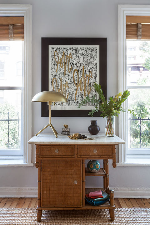 Wooden counter piece with artwork