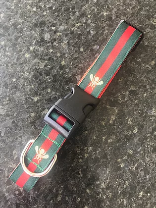 Thumbnail: Designer Inspired Green, Red Striped with Bees Adjustable Dog Collar