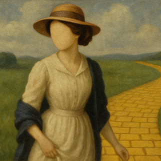 Faceless woman in a hat walks on a yellow brick road through green fields under a cloudy sky, wearing a beige dress with a dark shawl.