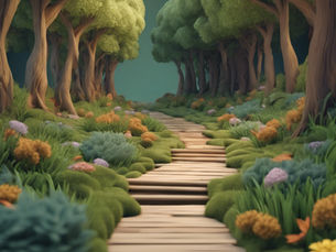 an path leading down a friendly forest.
