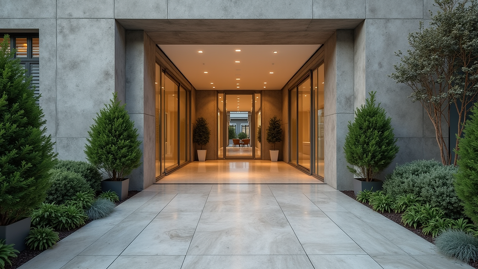 eye-level view of clean and well-maintained apartment building entrance