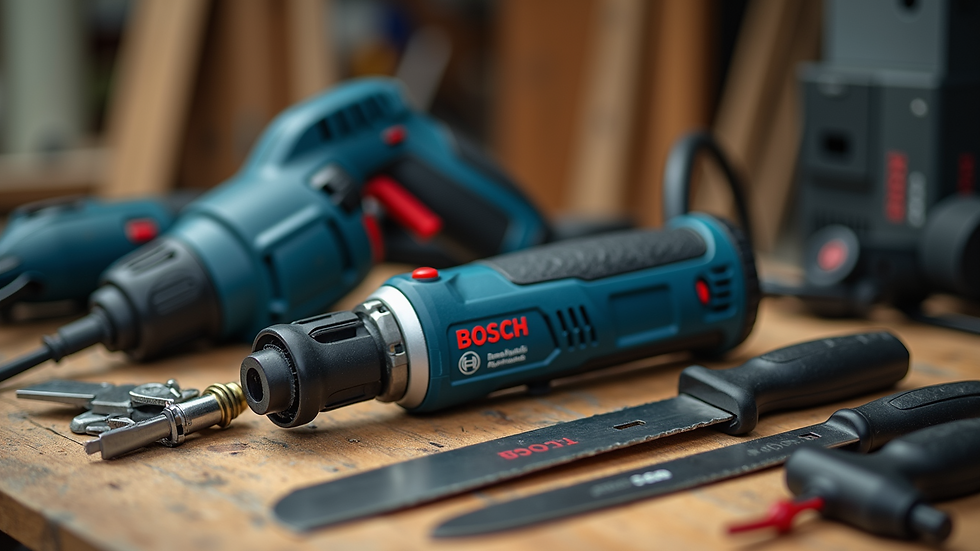 Eye-level view of Bosch tool set neatly arranged on a wooden table