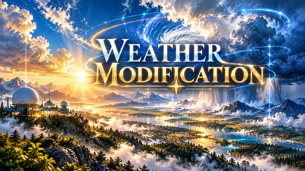 Weather Modification title over a glowing mountain valley, with swirling storm clouds, lightning, and sunrise over lakes.