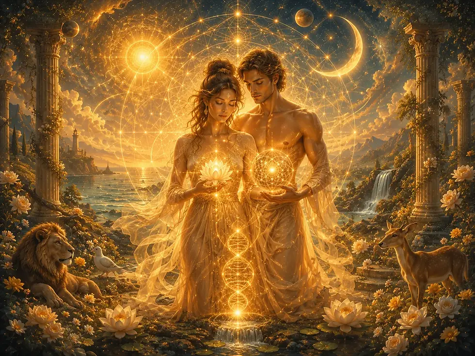Glowing couple in golden robes stand in a mystical garden, holding lotus and orb, surrounded by lions, deer, moon, sun and stars.