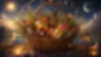 Woven basket of flowers, fruit, crystals and feathers under a starry zodiac sky, with candles, hourglass and moonlit landscape.