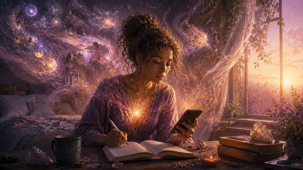 Woman writing in a notebook while checking her phone in a dreamy, starry bedroom at sunset.