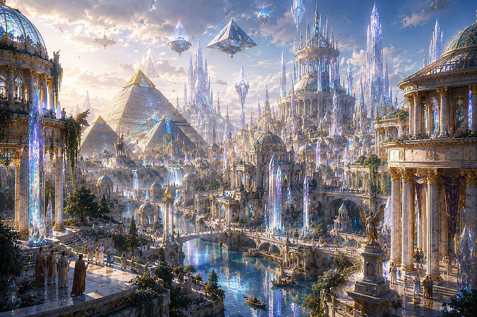 Fantasy city with pyramids and crystal towers over canals, crowds on bridges, glowing at sunset in a grand, magical scene