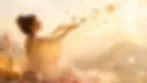 Woman in a white dress sits in golden light, reaching for floating photos, a key and petals in a dreamy flower-strewn field