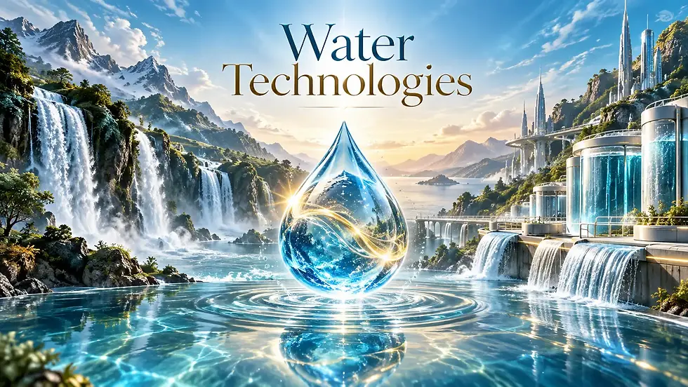 Water Technologies title over a futuristic water droplet, waterfalls, mountains, and sleek city towers at sunrise.
