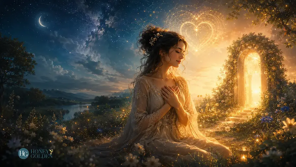 A peaceful woman sits with her hands over her heart in a glowing garden near a radiant doorway, symbolizing self-love, inner peace, and coming home to yourself.