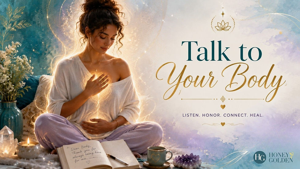Meditating woman with hand on heart by candles and journal; text: Talk to Your Body and Listen. Honor. Connect. Heal.