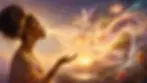 Fantasy woman exhaling glowing light into a magical sunset sky with butterflies, flowers, swans, waterfall, and swirling stars