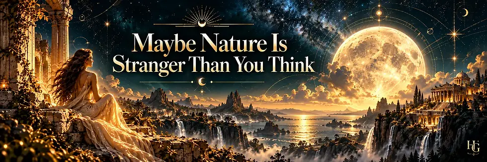 Fantasy woman on ruins gazes over a moonlit waterfall landscape beneath the text Maybe Nature Is Stranger Than You Think