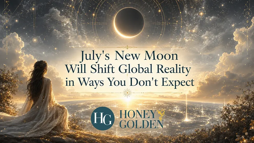 Woman in flowing dress overlooks glowing city under a new moon; poster text reads July's New Moon Will Shift Global Reality.
