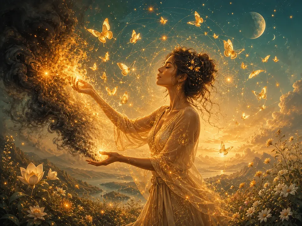 Woman in gold dress conjures glowing light and butterflies at sunset over a dreamy mountain lake.