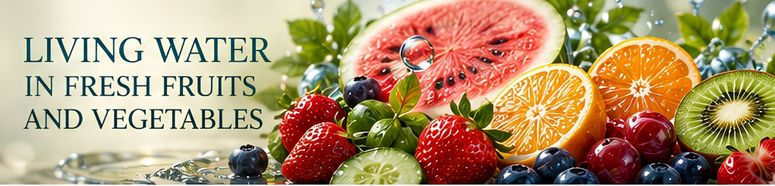 Banner with water-splashed fresh fruits—strawberries, citrus, kiwi, watermelon—and text: Living Water in Fresh Fruits and Vegetables