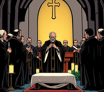 Funeral service with priest in black rob