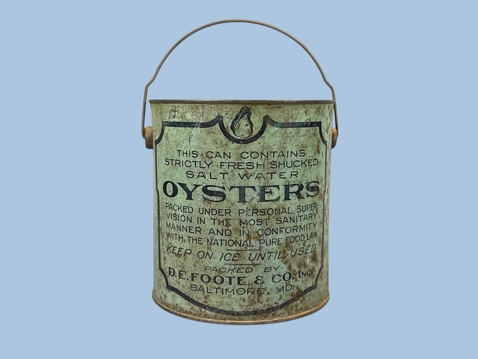 Thumbnail: Antique D. E. Foote's gallon oyster tin can nautical advertising collectible