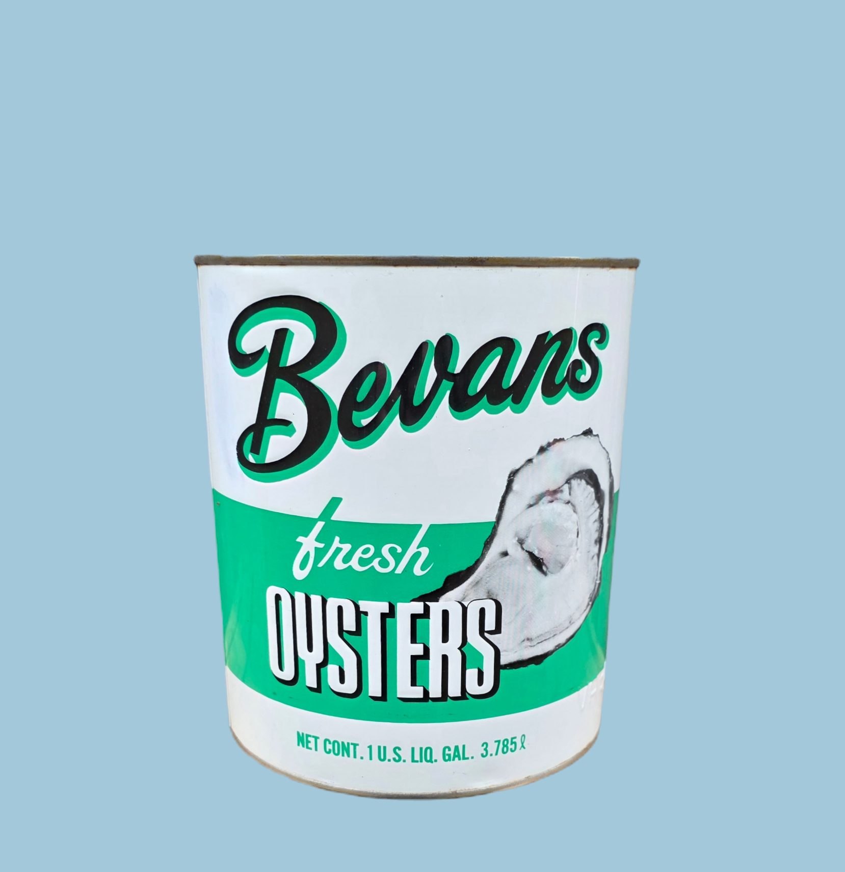 Vintage Bevans gallon oyster tin from Kinsale Virginia
