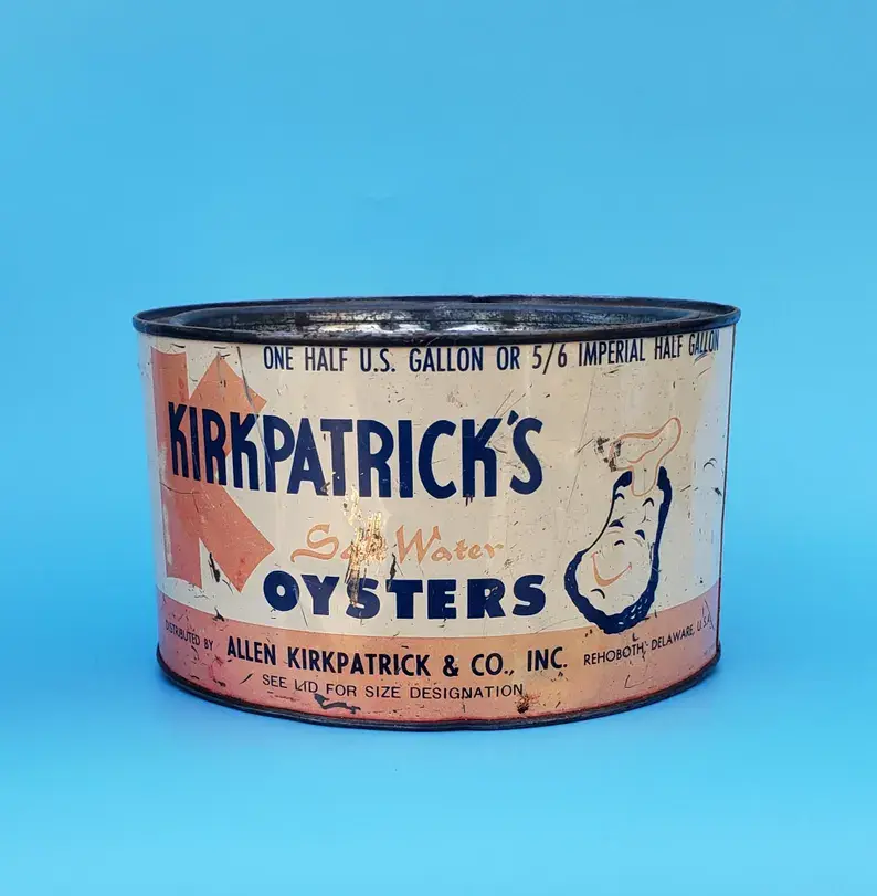 Thumbnail: Old Kirkpatrick half gallon oyster can advertising antique