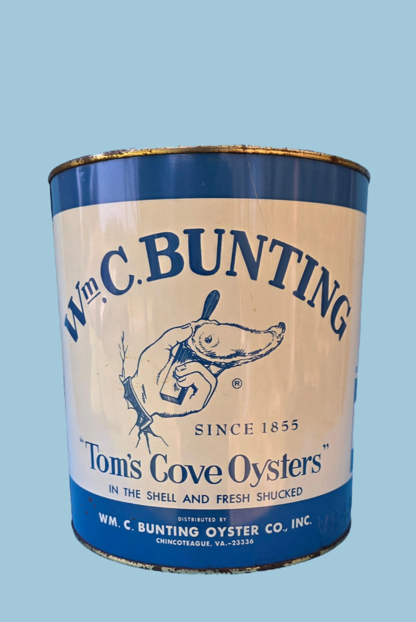 Vintage Bnting Toms Cover gallon oyster tin can from Chincoteague VA