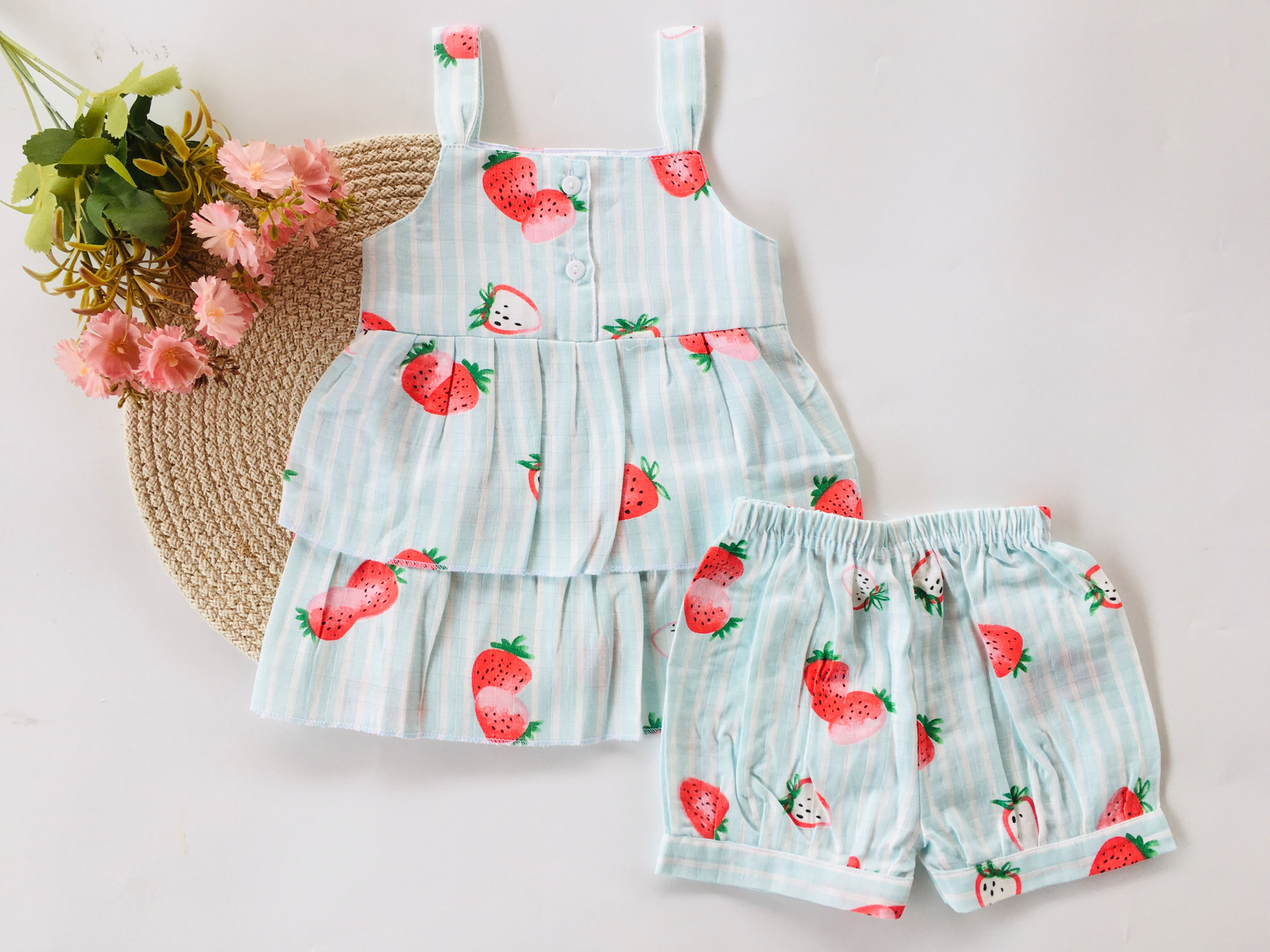 Blue Striped Strawberry Top & Bottom Set