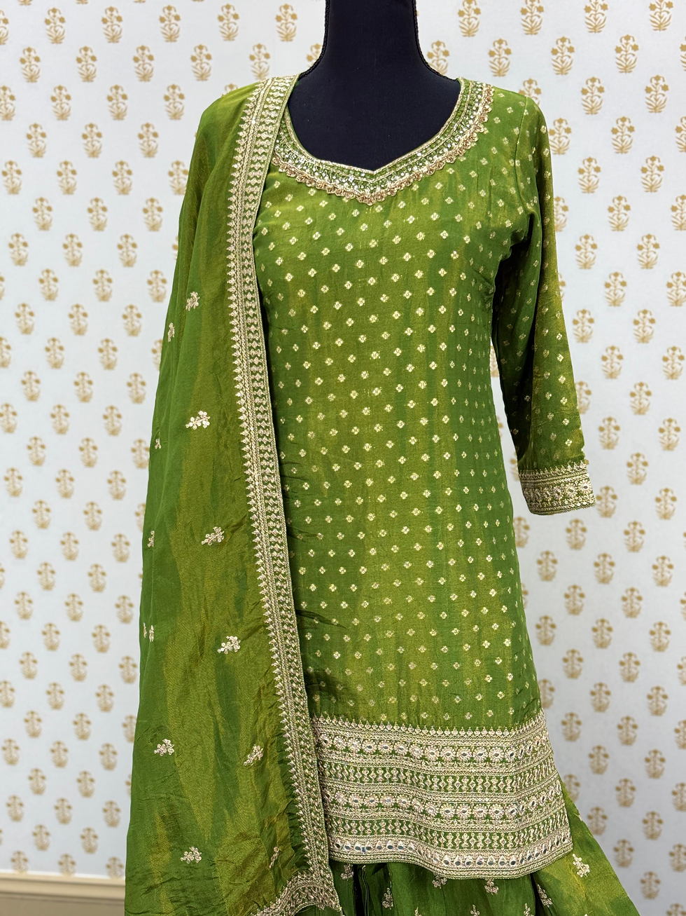 Thumbnail: Traditional ready-to-wear green sharara suit for women styled for weddings and celebrations