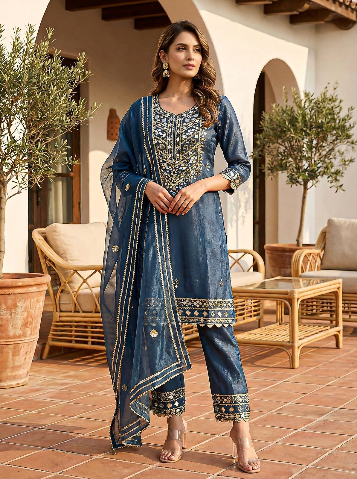 NS108 Blue salwar suit set with mirror work