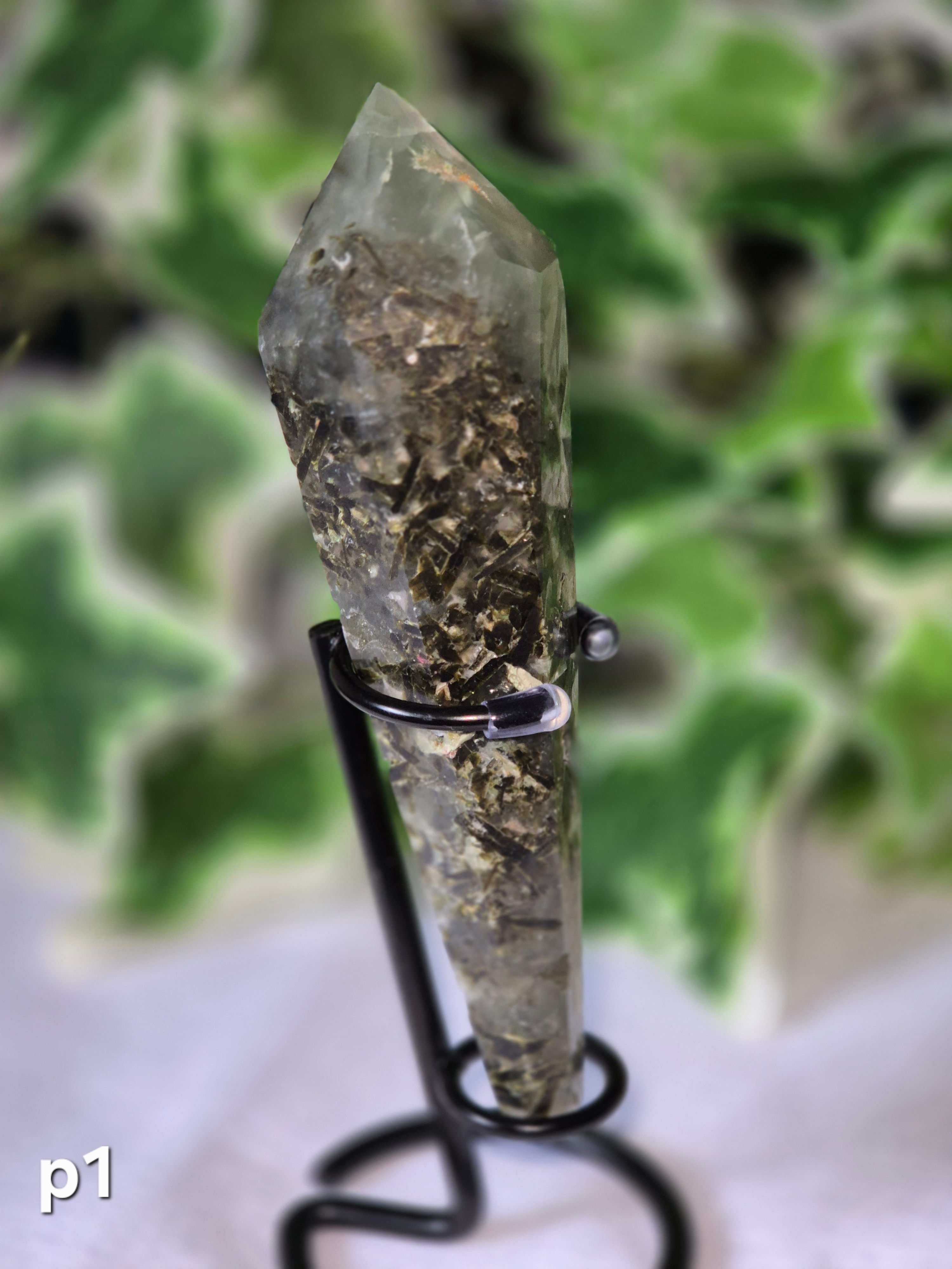 Prehnite Crystal Wand with Display Stand (1) – 15cm