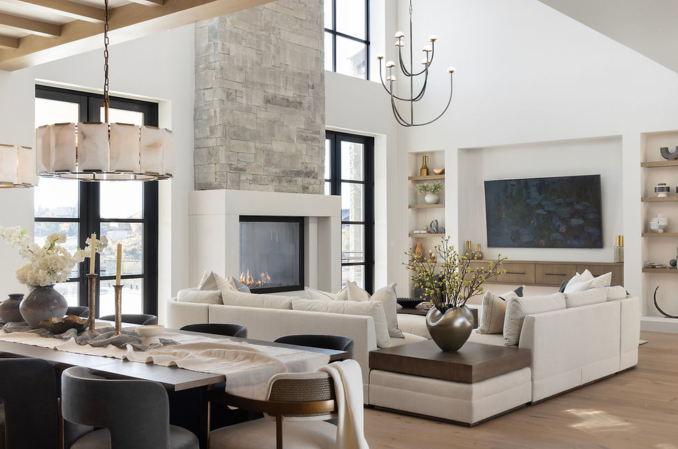 Eye-level view of modern living room with large windows and natural light