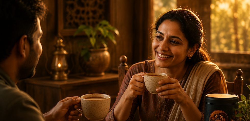 A couple sharing a Janaki Lalitha Coffee Story moment.