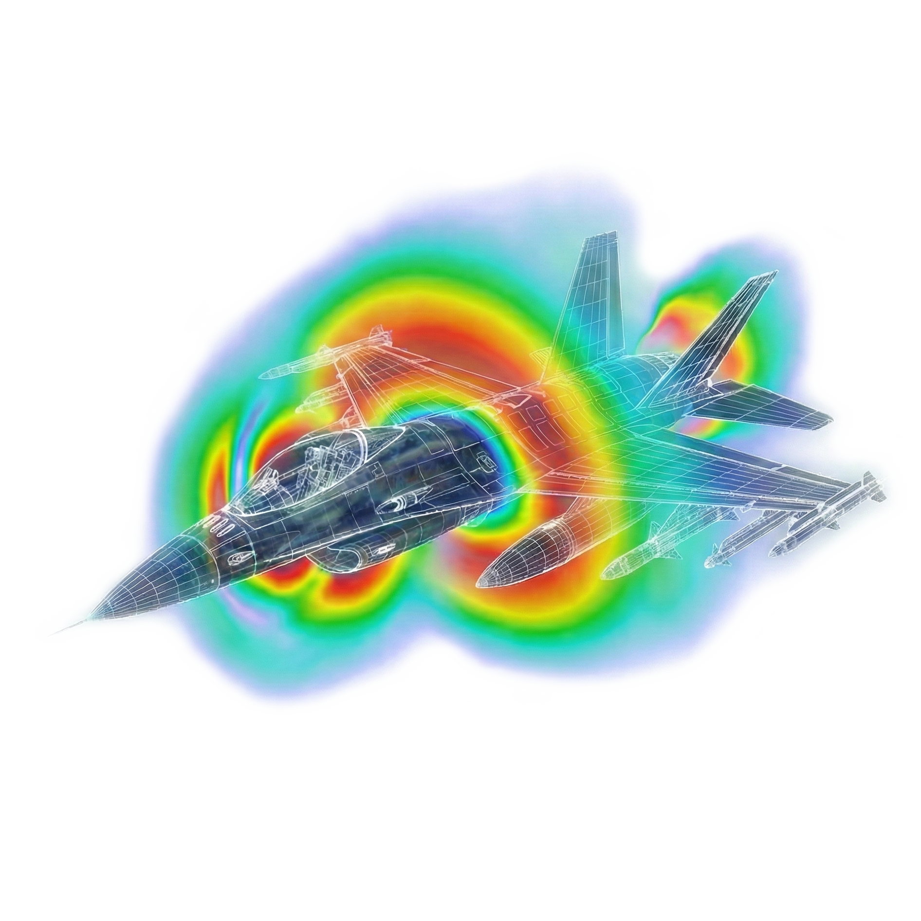 Fighter jet diagram with sound wave visualization, digital image.