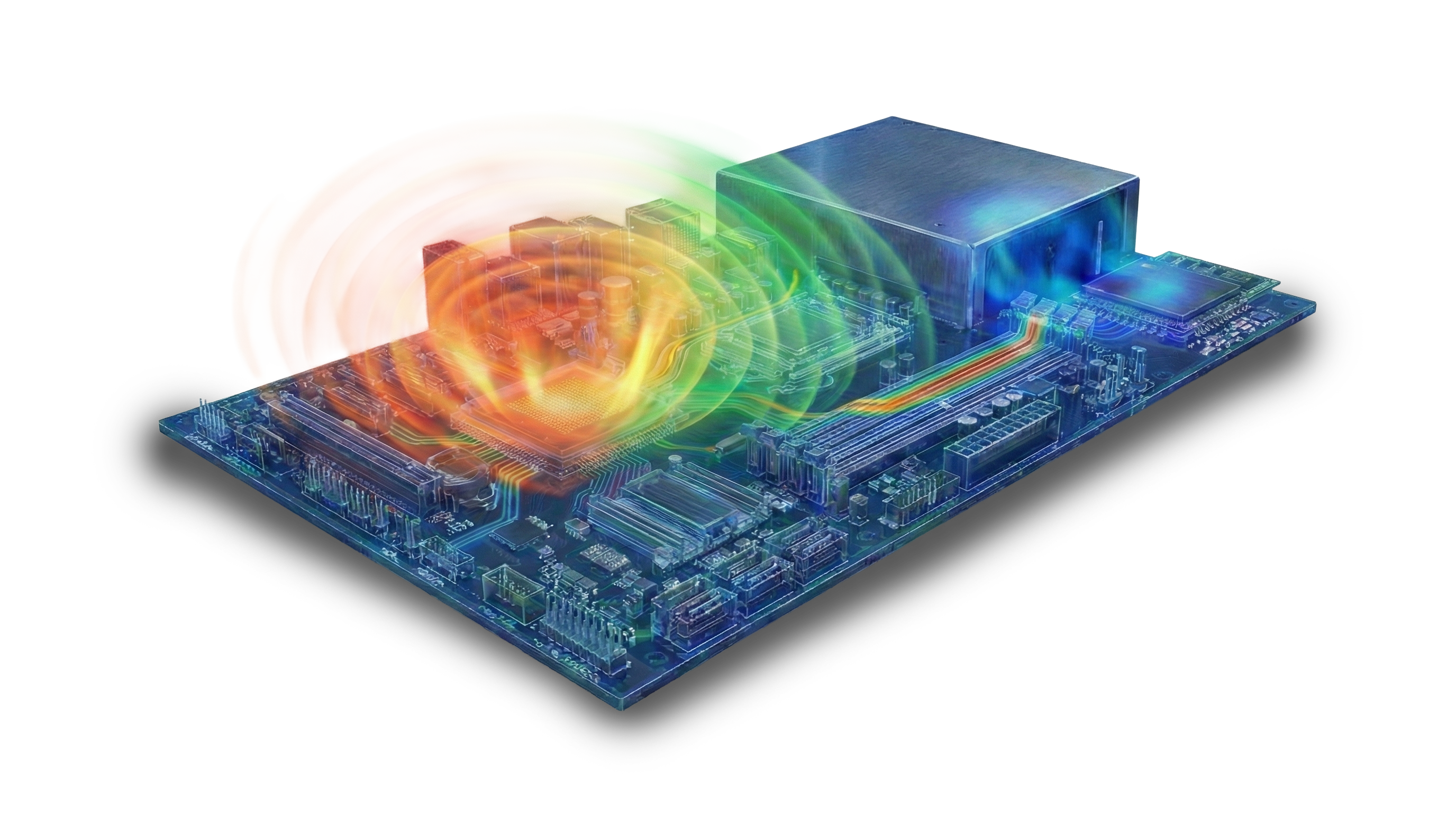 Electronic circuit board with colorful energy waves and tech visuals