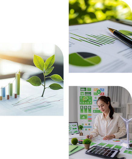 Green reports, graphs, and a growing plant symbolizing sustainable business development Esgtech.