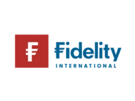 Fidelity logo with the letter F and Fidelity Investments text on black background.