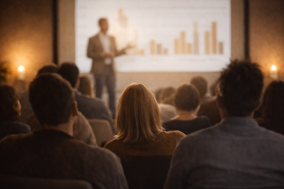 Speaker presenting a bar graph to an audience