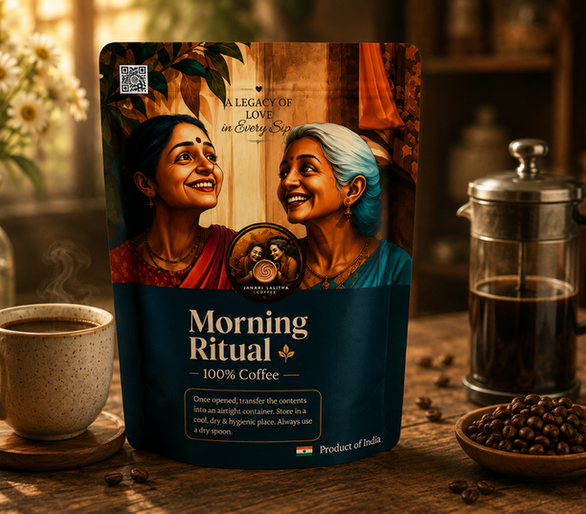 Morning Ritual coffee pouch on a table with a cup and beans.