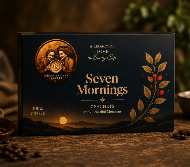 Seven Mornings Instant Coffee box with 7 sachets.